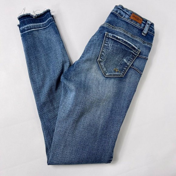 Salvaje Denim Distressed Mid Rise Stretch Denim Skinny Raw Released Hem Jeans 5 - Picture 3 of 10